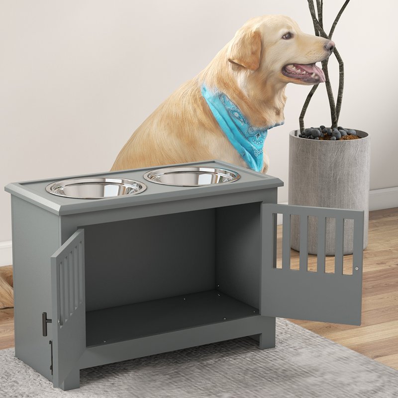 PawHut Raised Dog Bowls, Pet Feeding Station, with Storage, Food and Water Bowls, for Large Dogs - Grey