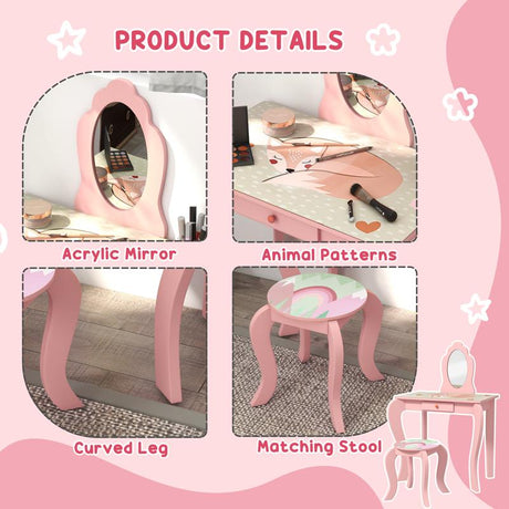 ZONEKIZ Kids Dressing Table with Mirror, Stool, Drawer, Cute Animal Design - Pink