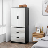 HOMCOM 2 Door Wardrobe, Modern Wardrobe with 3 Drawers and Hanging Rod for Bedroom, High Gloss White