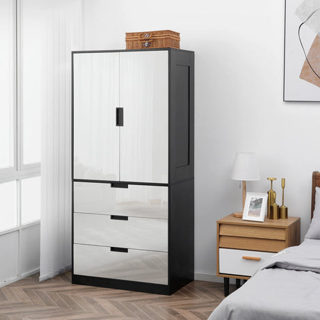 HOMCOM 2 Door Wardrobe, Modern Wardrobe with 3 Drawers and Hanging Rod for Bedroom, High Gloss White