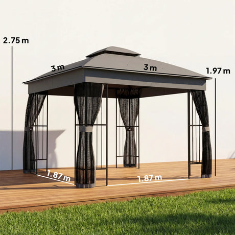 Outsunny 3 x 3 m Outdoor Garden Gazebo with Post Shelves, UPF50+ Double Roof Patio Permanent Pavilion, Grey