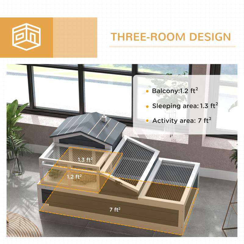 PawHut Tortoise House 3-Room with 2 Stories, Ladder, Balcony, Tray, Openable Roof, 59H x 112L x 65Wcm, Grey