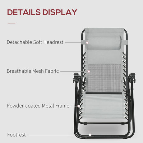 Outsunny Garden Recliner Chairs Set of 2, Outdoor Foldable Zero Gravity Chairs Set w/ Footstool and Detachable Headrest, Grey