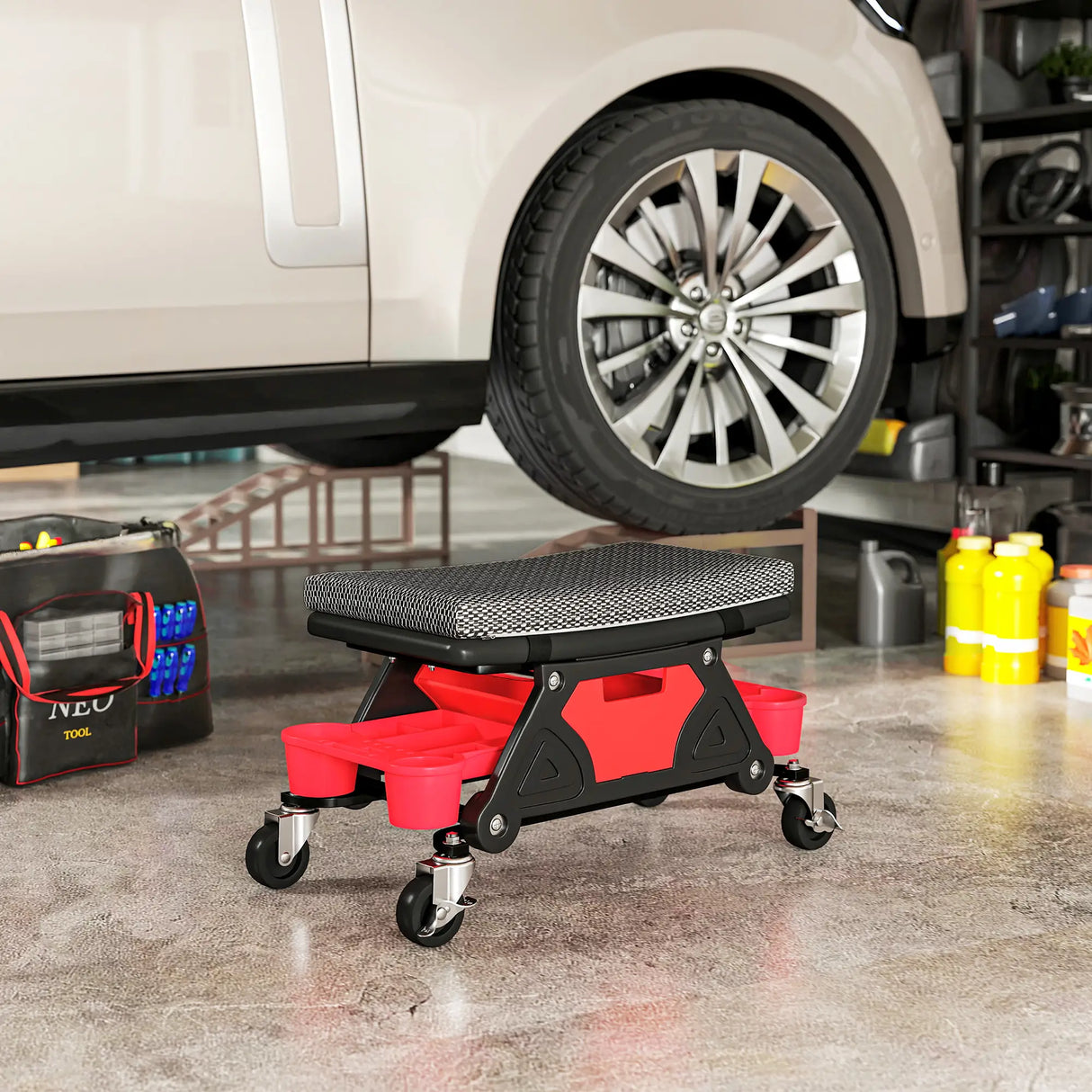 HOMCOM Rolling Mechanic Stool, 135kg Capacity Workshop Stool, 360 Swivel Roller Padded Creeper Seat with Wheels, Slide Out Tool Trays and Drawer for Garage, Shop, Auto Repair, Black