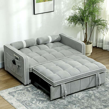 HOMCOM Two-Seater Linen-Look Sofa Bed - Light Grey