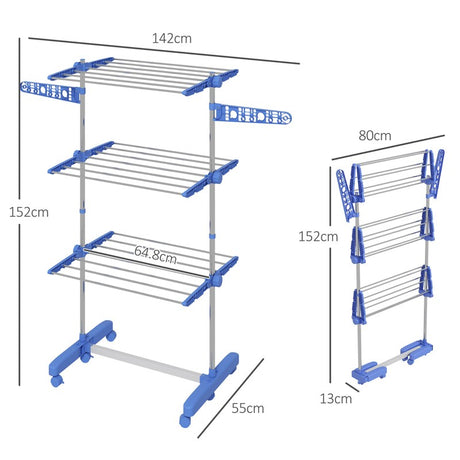 HOMCOM Three-Shelf Collapsing Clothes Horse, With Side Arms and Wheels - Blue