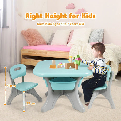 3 Sets of Table and Chairs with Detachable Storage Boxes Design for Kids Green