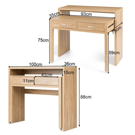 Extending Writing Desk Console Table with 2 Drawers-Natural
