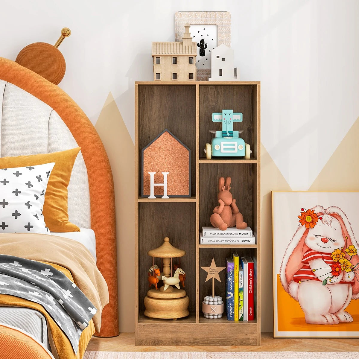 5-Cube Freestanding Storage Bookshelf with 2 Anti-Tipping Kits-Natural