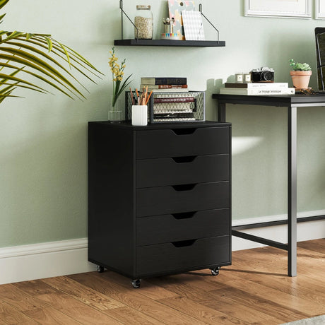 5 Drawer Chest with Lockable Wheels for Home Office-Black