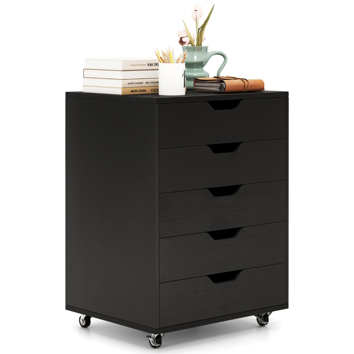 5 Drawer Chest with Lockable Wheels for Home Office-Black