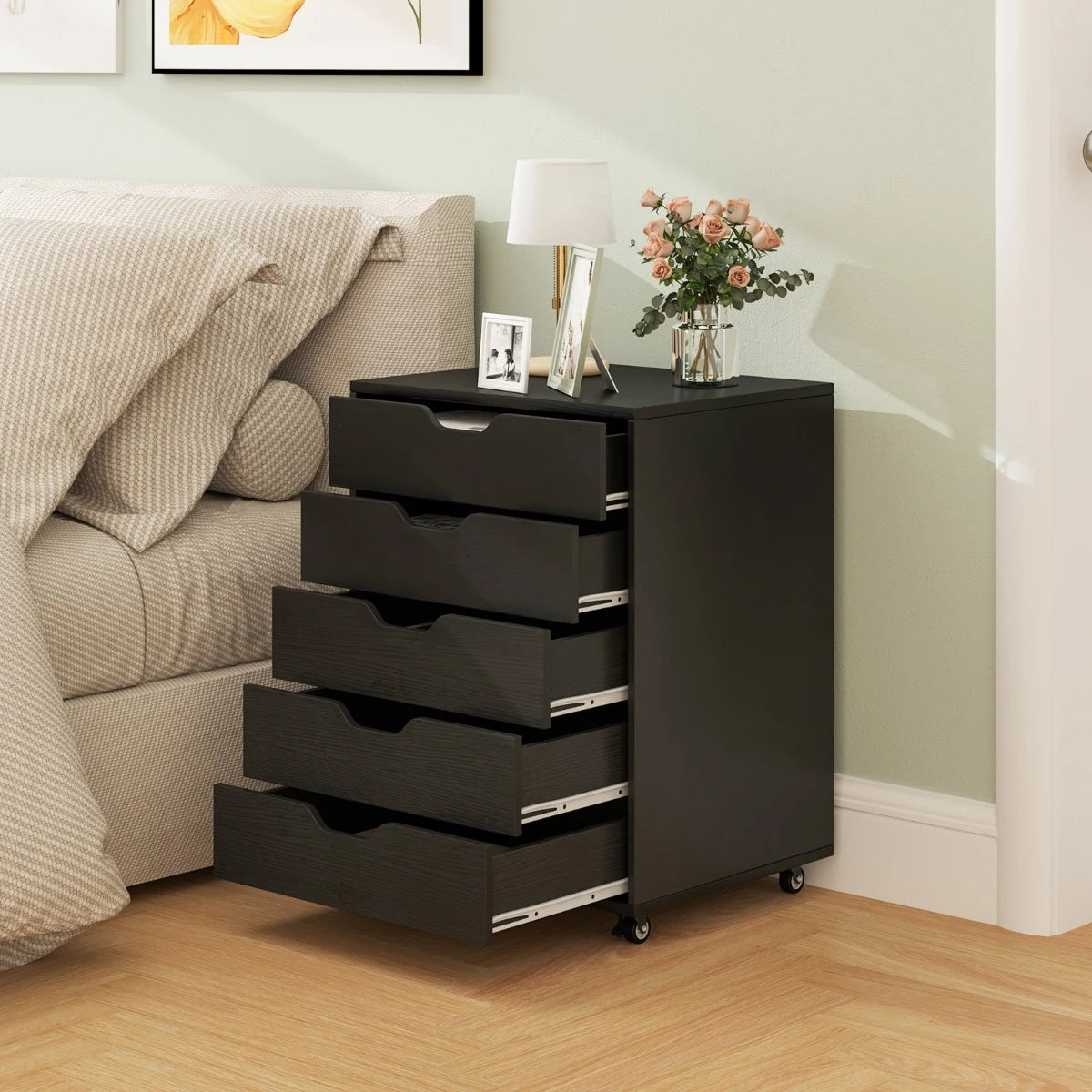 5 Drawer Chest with Lockable Wheels for Home Office-Black
