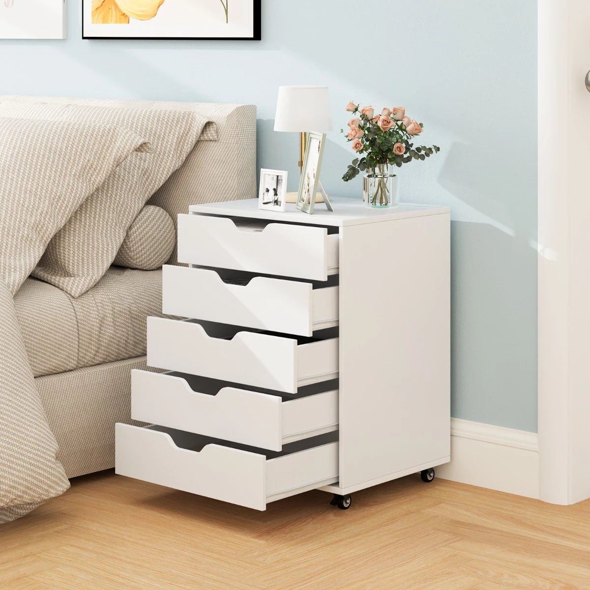 Roll container with 5 drawers Mobile filing cabinet with wheels 48 x 39.5 x 65.5 cm White