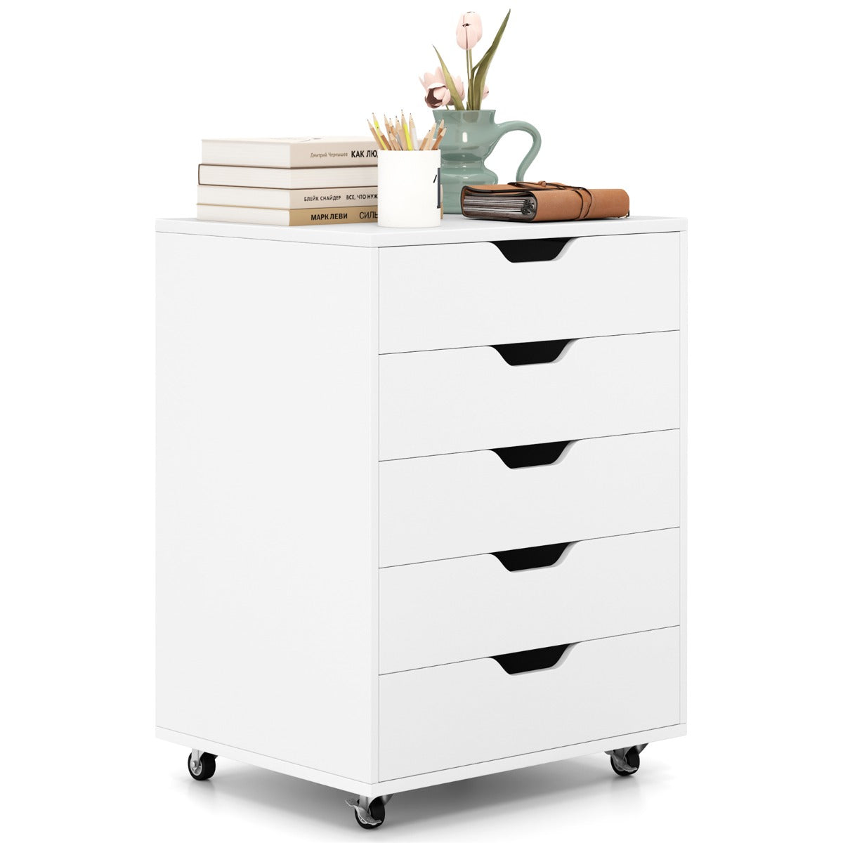 Roll container with 5 drawers Mobile filing cabinet with wheels 48 x 39.5 x 65.5 cm White
