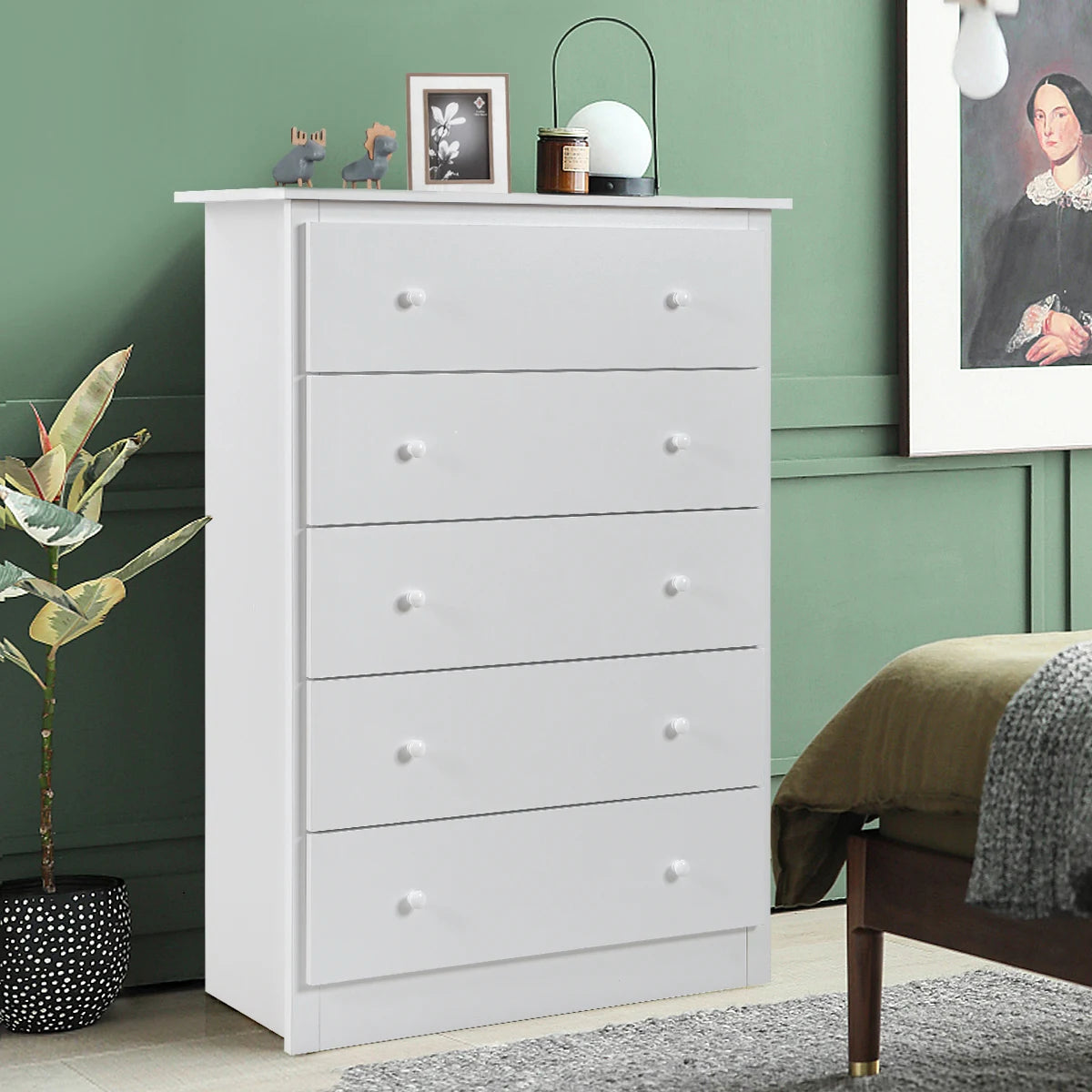 5-Drawer Wooden Storage Tower Cabinet with Anti-tip Kit and Easy Pull Handles-White