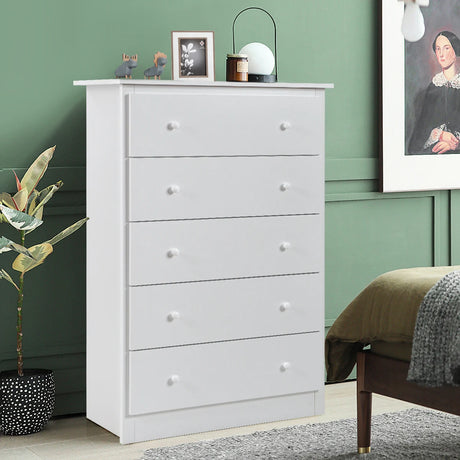 5-Drawer Wooden Storage Tower Cabinet with Anti-tip Kit and Easy Pull Handles-White