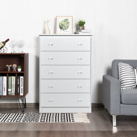 5-Drawer Wooden Storage Tower Cabinet with Anti-tip Kit and Easy Pull Handles-White