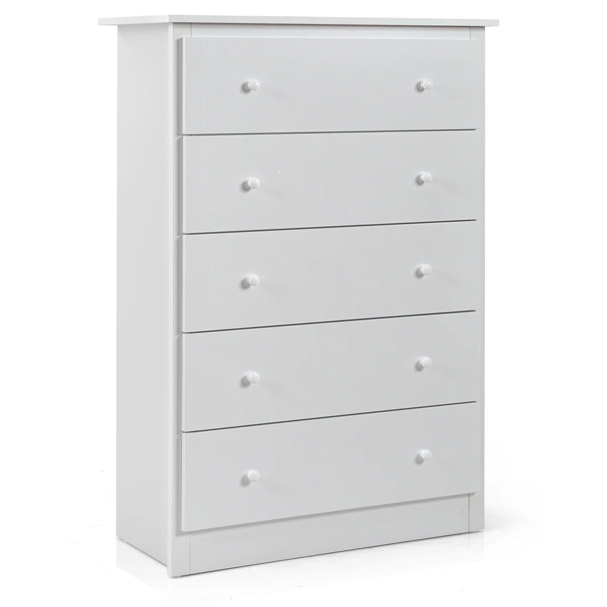 5-Drawer Wooden Storage Tower Cabinet with Anti-tip Kit and Easy Pull Handles-White