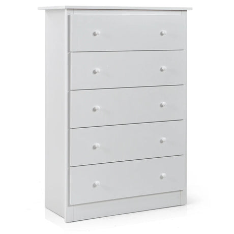 5-Drawer Wooden Storage Tower Cabinet with Anti-tip Kit and Easy Pull Handles-White