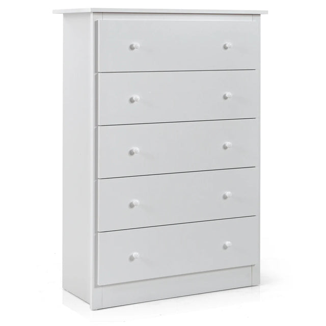 5-Drawer Wooden Storage Tower Cabinet with Anti-tip Kit and Easy Pull Handles-White