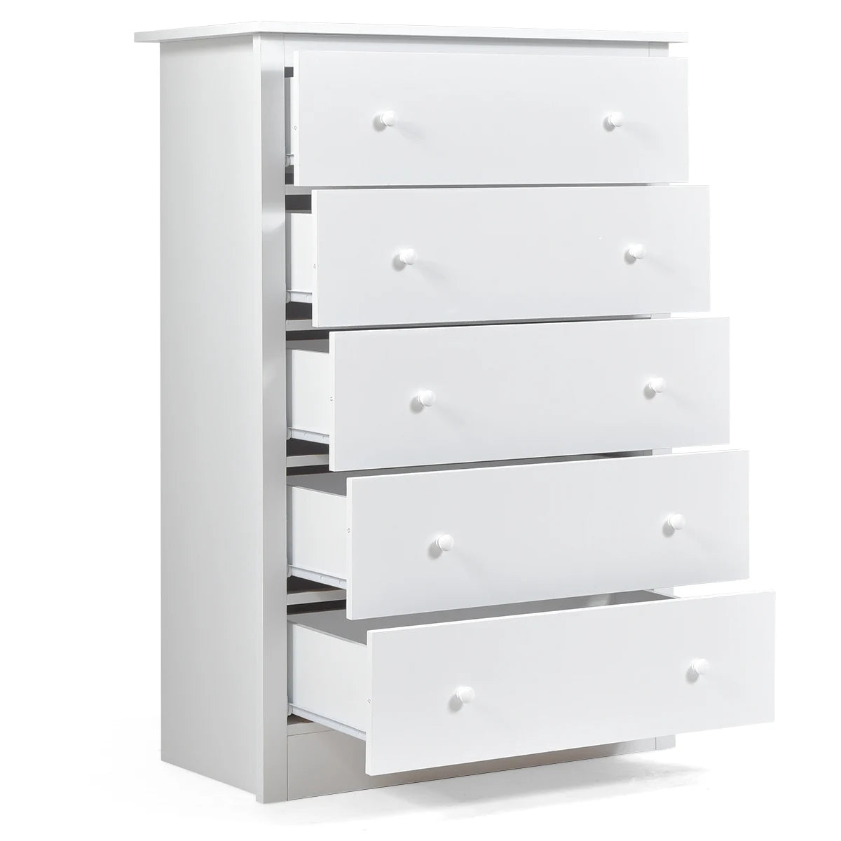 5-Drawer Wooden Storage Tower Cabinet with Anti-tip Kit and Easy Pull Handles-White
