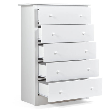 5-Drawer Wooden Storage Tower Cabinet with Anti-tip Kit and Easy Pull Handles-White