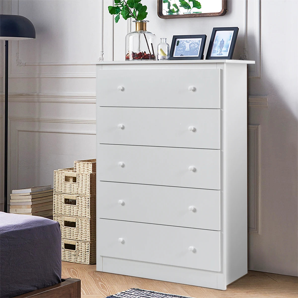 5-Drawer Wooden Storage Tower Cabinet with Anti-tip Kit and Easy Pull Handles-White