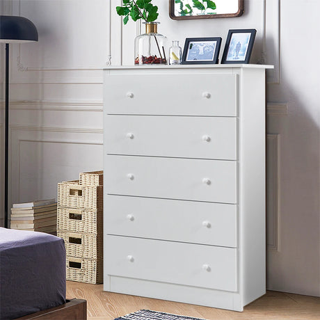 5-Drawer Wooden Storage Tower Cabinet with Anti-tip Kit and Easy Pull Handles-White