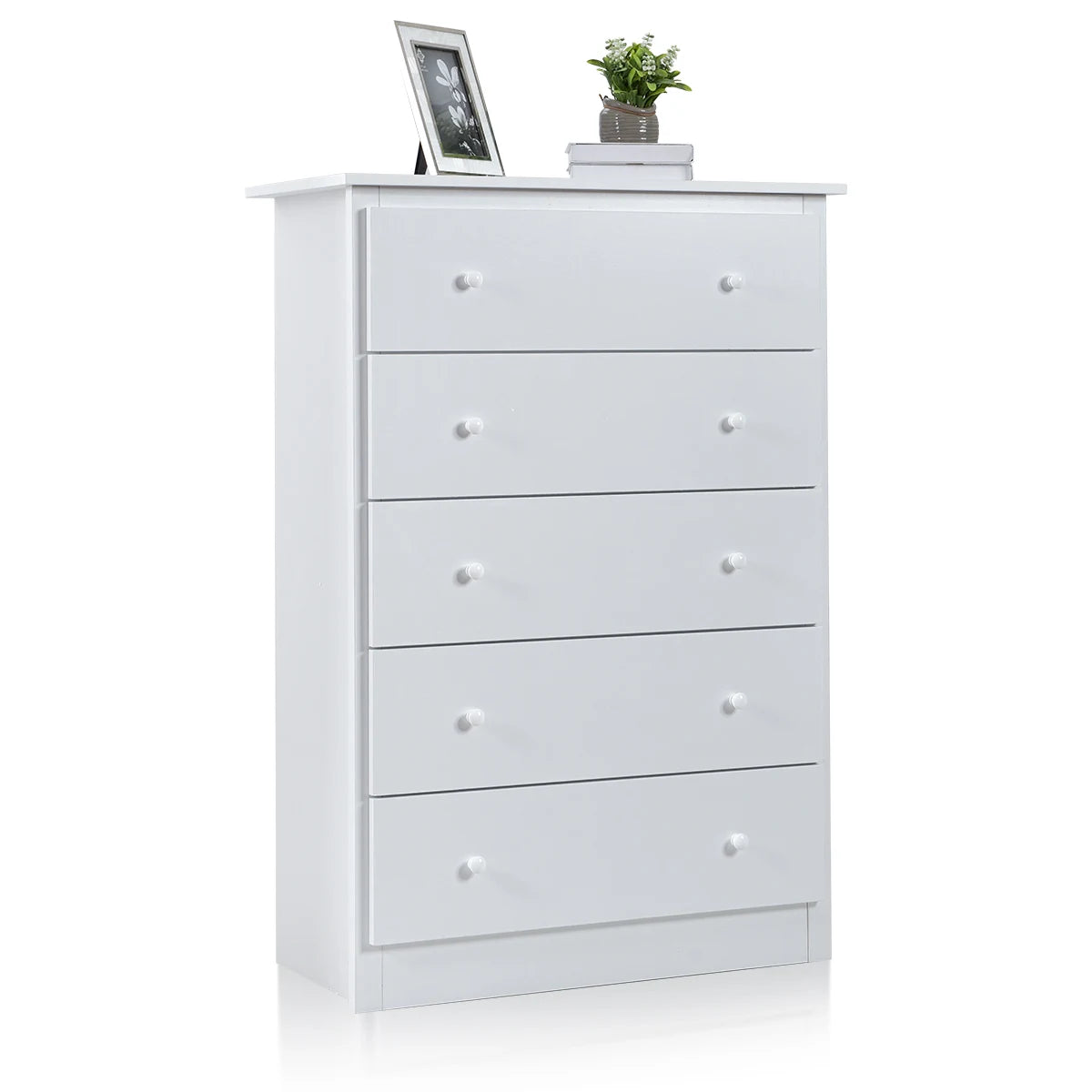 5-Drawer Wooden Storage Tower Cabinet with Anti-tip Kit and Easy Pull Handles-White