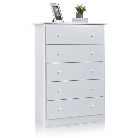 5-Drawer Wooden Storage Tower Cabinet with Anti-tip Kit and Easy Pull Handles-White