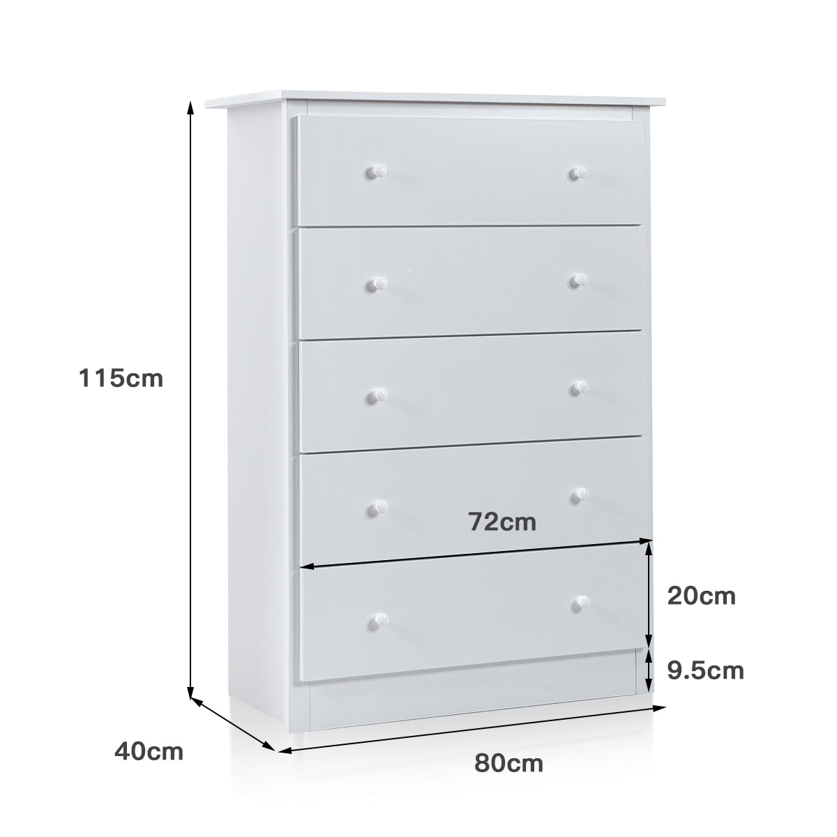 5-Drawer Wooden Storage Tower Cabinet with Anti-tip Kit and Easy Pull Handles-White