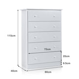 5-Drawer Wooden Storage Tower Cabinet with Anti-tip Kit and Easy Pull Handles-White