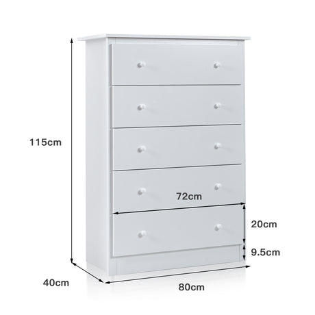 5-Drawer Wooden Storage Tower Cabinet with Anti-tip Kit and Easy Pull Handles-White