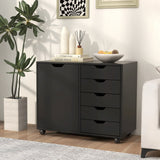 Mobile Storage Unit with 5 Drawers and Cupboard-White-Black