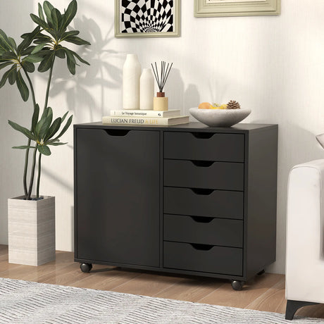 Mobile Storage Unit with 5 Drawers and Cupboard-White-Black