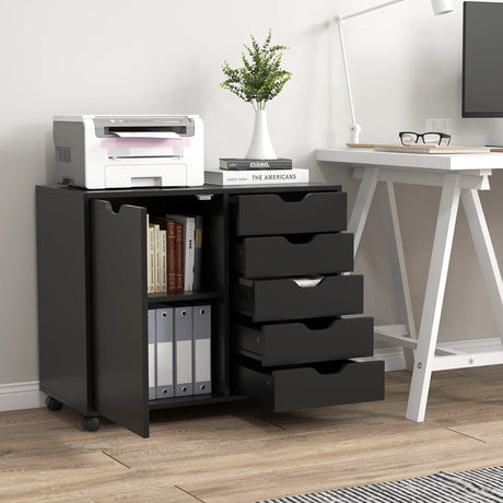 Mobile Storage Unit with 5 Drawers and Cupboard-White-Black