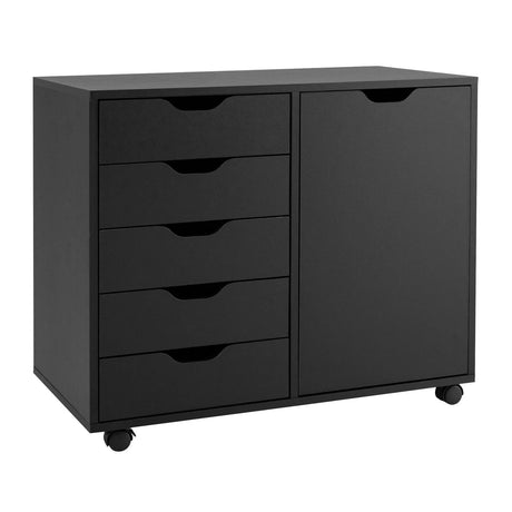 Mobile Storage Unit with 5 Drawers and Cupboard-White-Black