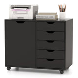 Mobile Storage Unit with 5 Drawers and Cupboard-White-Black