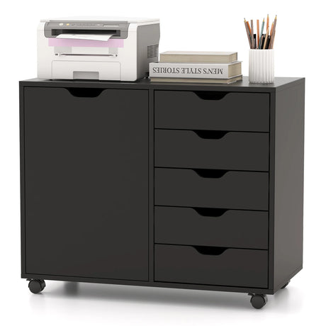 Mobile Storage Unit with 5 Drawers and Cupboard-White-Black