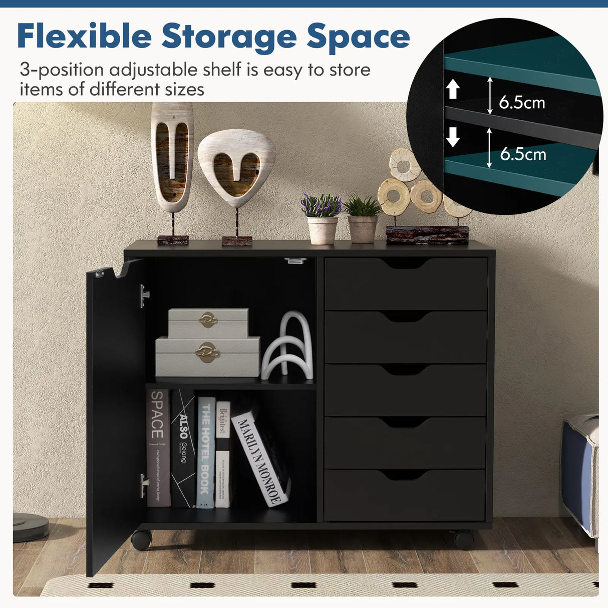Mobile Storage Unit with 5 Drawers and Cupboard-White-Black