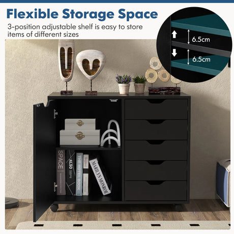 Mobile Storage Unit with 5 Drawers and Cupboard-White-Black
