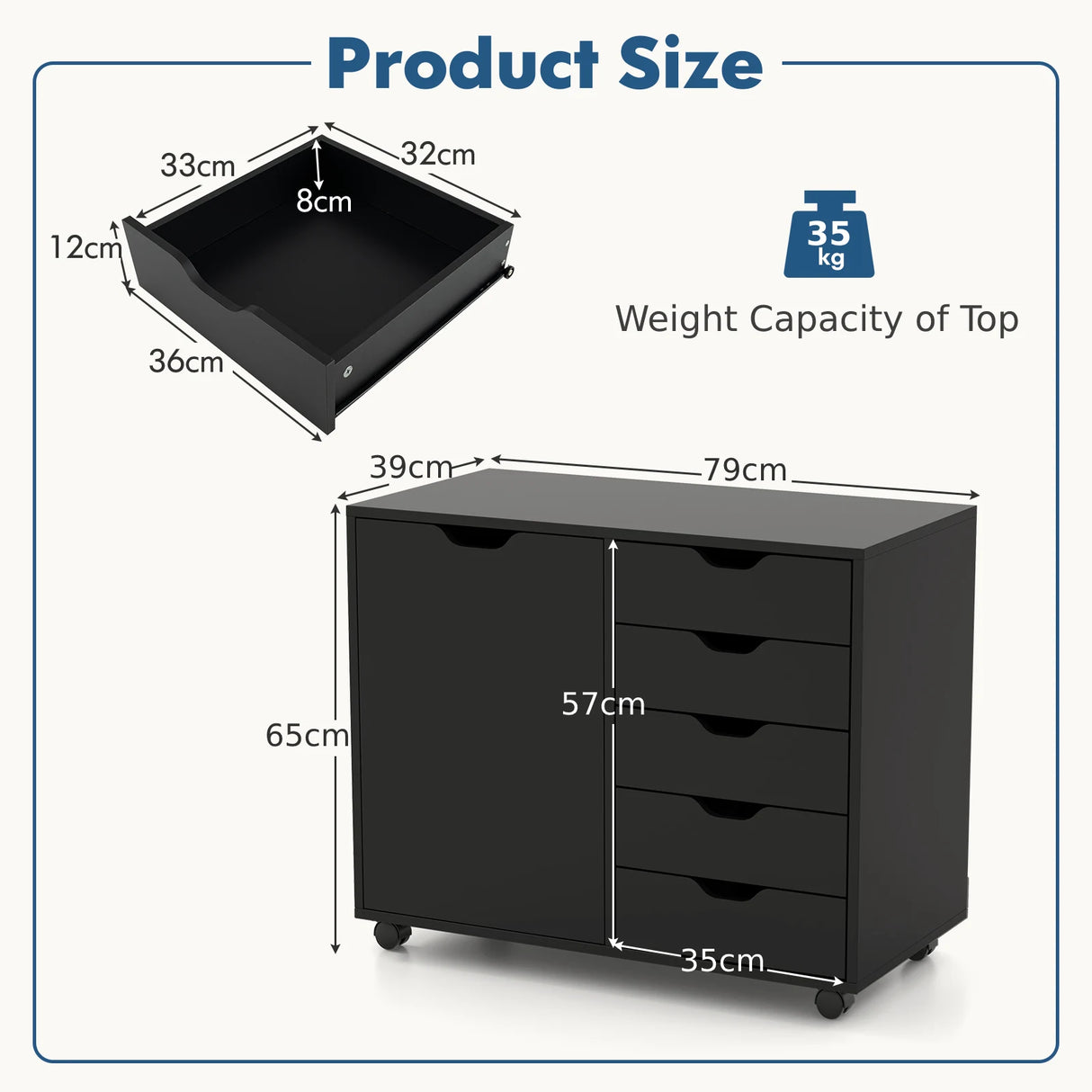 Mobile Storage Unit with 5 Drawers and Cupboard-White-Black
