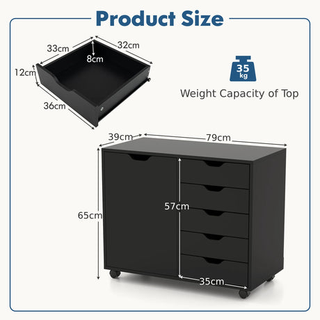 Mobile Storage Unit with 5 Drawers and Cupboard-White-Black