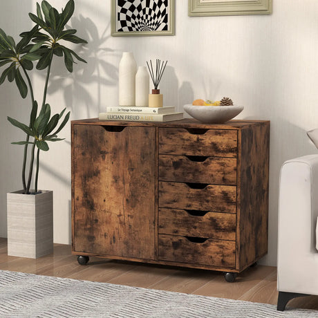 Mobile Storage Unit with 5 Drawers and Cupboard-White-Brown