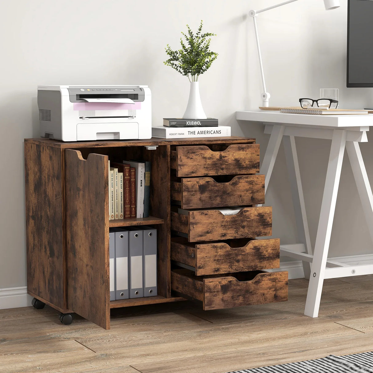 Mobile Storage Unit with 5 Drawers and Cupboard-White-Brown