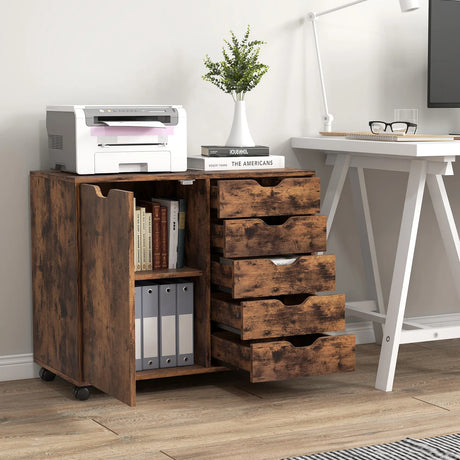 Mobile Storage Unit with 5 Drawers and Cupboard-White-Brown