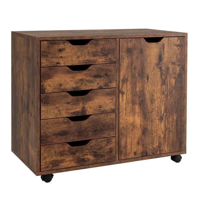 Mobile Storage Unit with 5 Drawers and Cupboard-White-Brown
