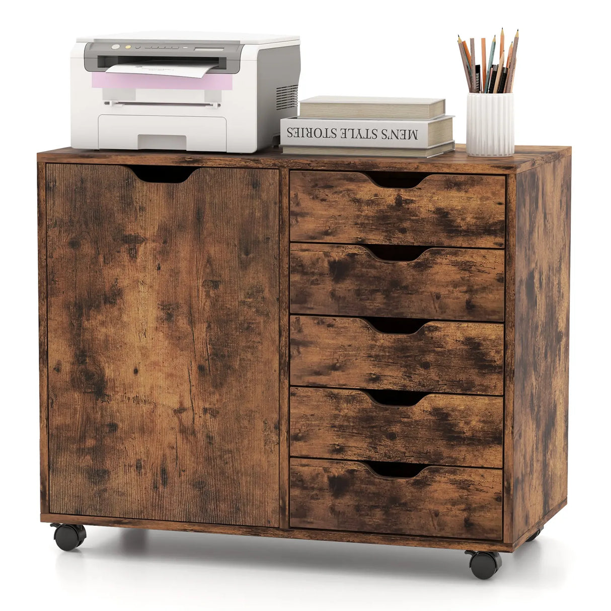 Mobile Storage Unit with 5 Drawers and Cupboard-White-Brown