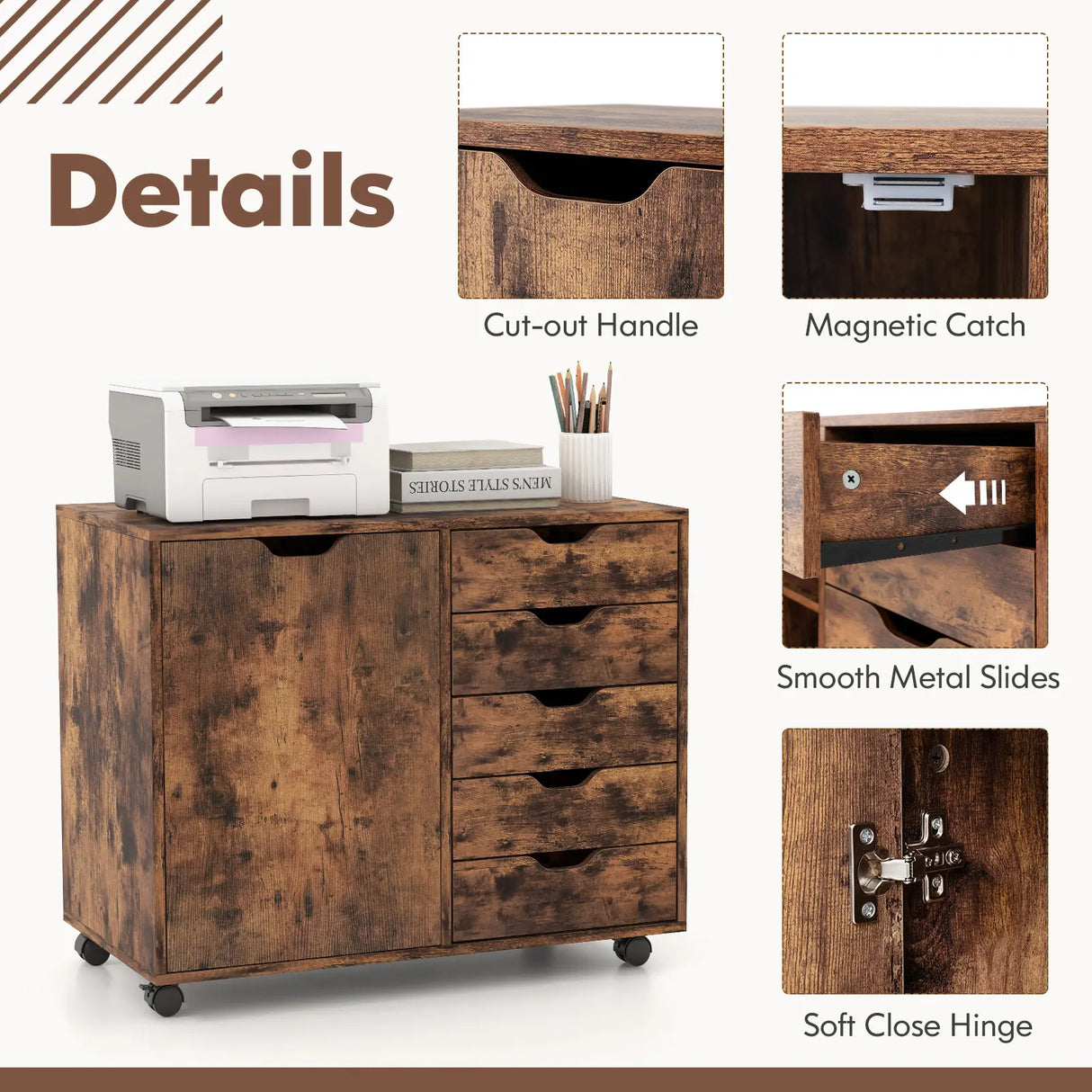 Mobile Storage Unit with 5 Drawers and Cupboard-White-Brown