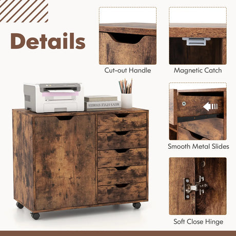 Mobile Storage Unit with 5 Drawers and Cupboard-White-Brown